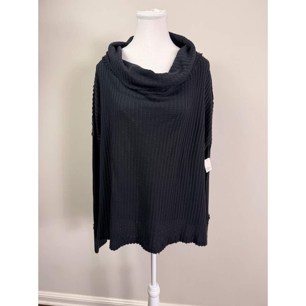 Free People Black Cowl Neck Waffle Knit Split Back Thermal Top Small P NEW